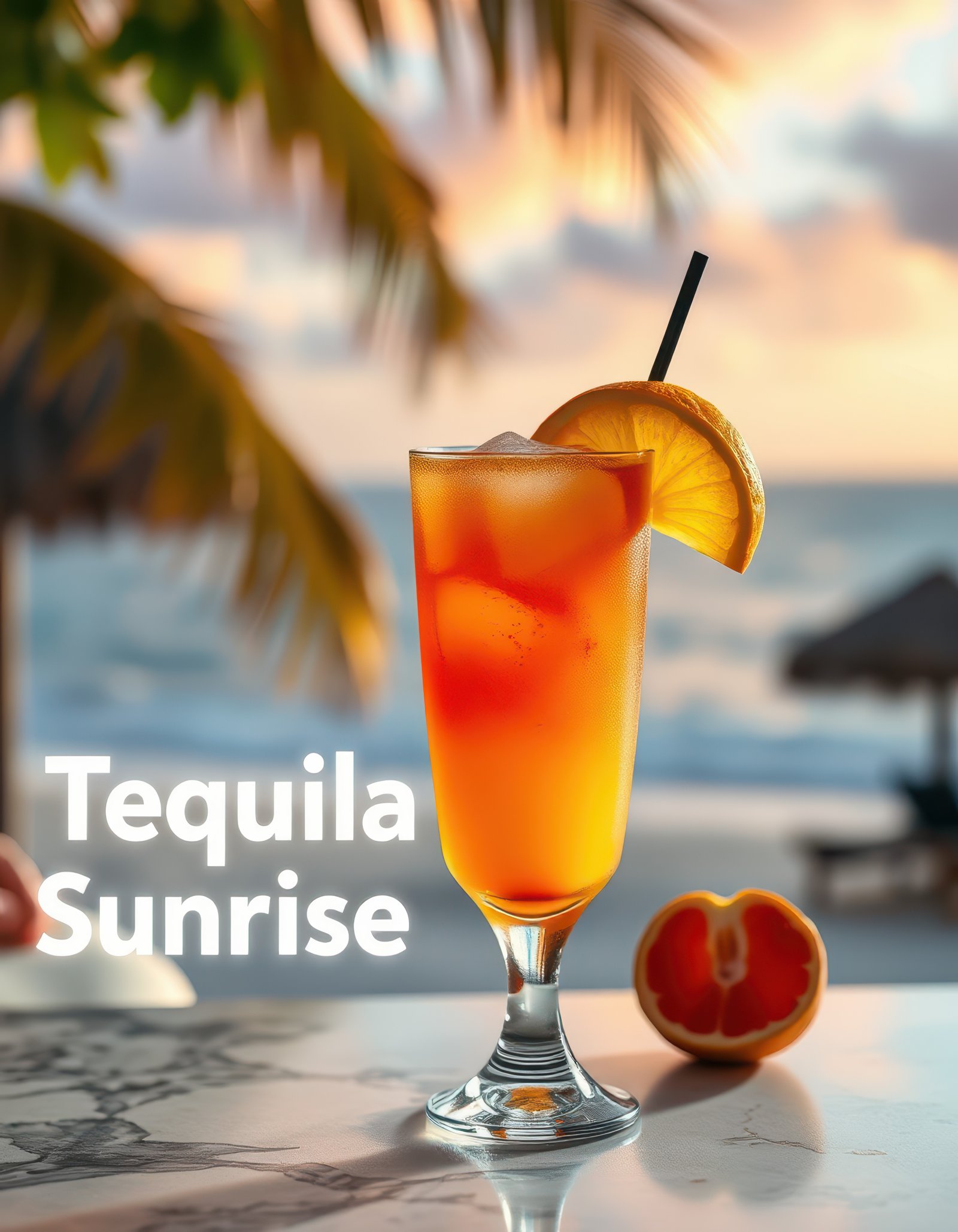 Bright tequila sunrise cocktail served on a beach table at sunset with a tropical backdrop